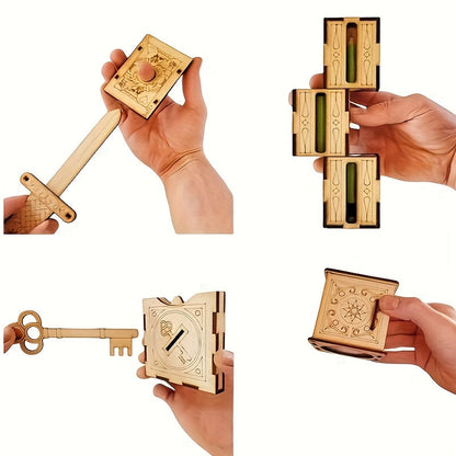 Wooden Magic Trick Set 4-Piece Kit, STEM Magic Puzzles with Sword Finger, Coin & Key Penetration