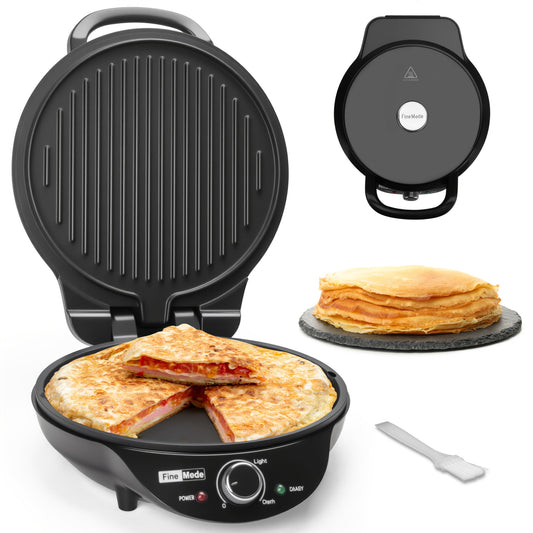 10-Inch Hinged Electric Griddle with Ridged and Smooth Round Plates, 180° Opening and Rotary Dial