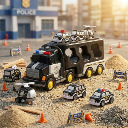 7-in-1 Kids Car Toy Set 7pcs with Playmat, Large Vehicle + 6 Mini Cars Ambulance Police Fire Truck Engineering