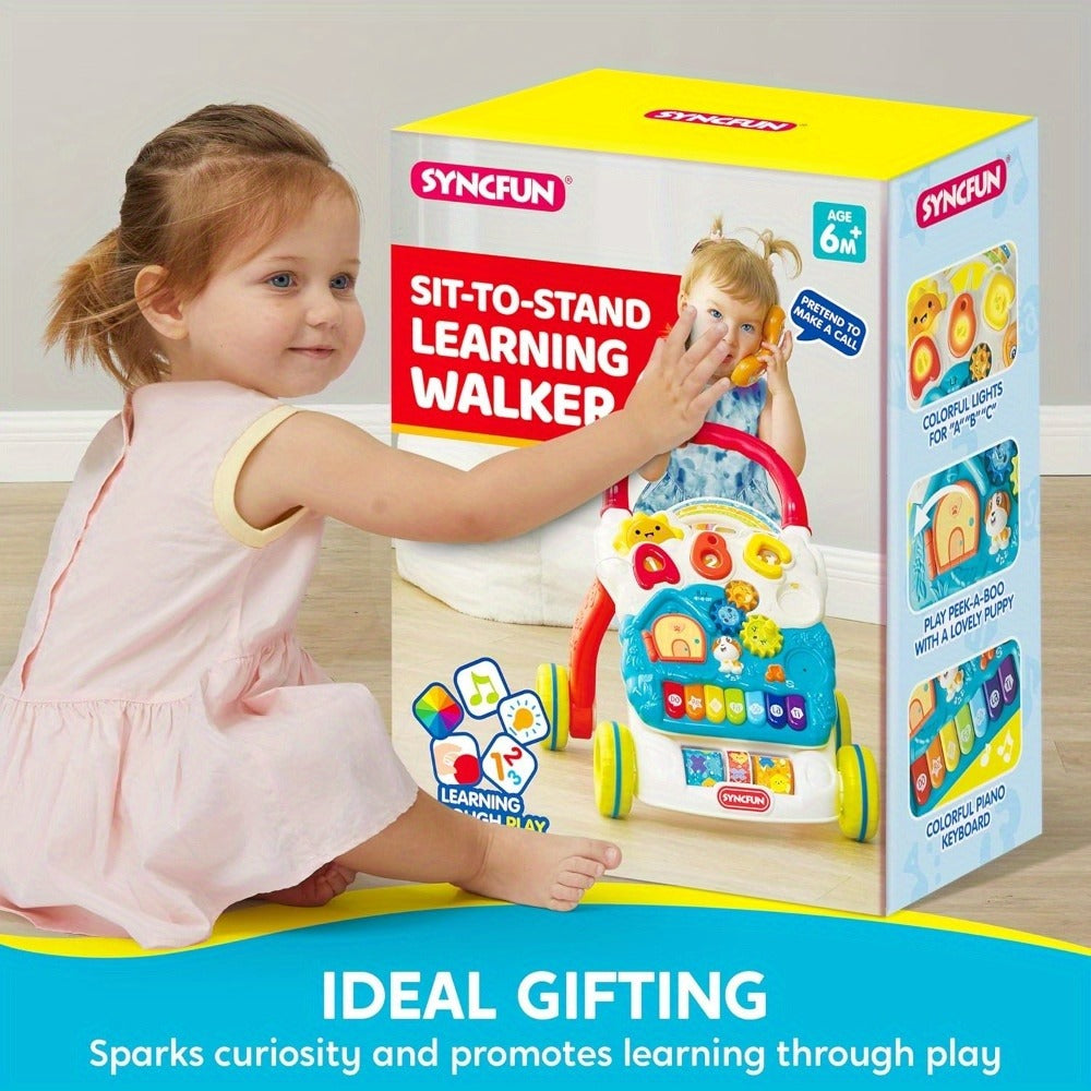 Sit to Stand Baby Push Walker 2-in-1 Adjustable Speed Learning Walker Detachable Play Panel 7-Mode Piano Light-Up Buttons Sound Effects