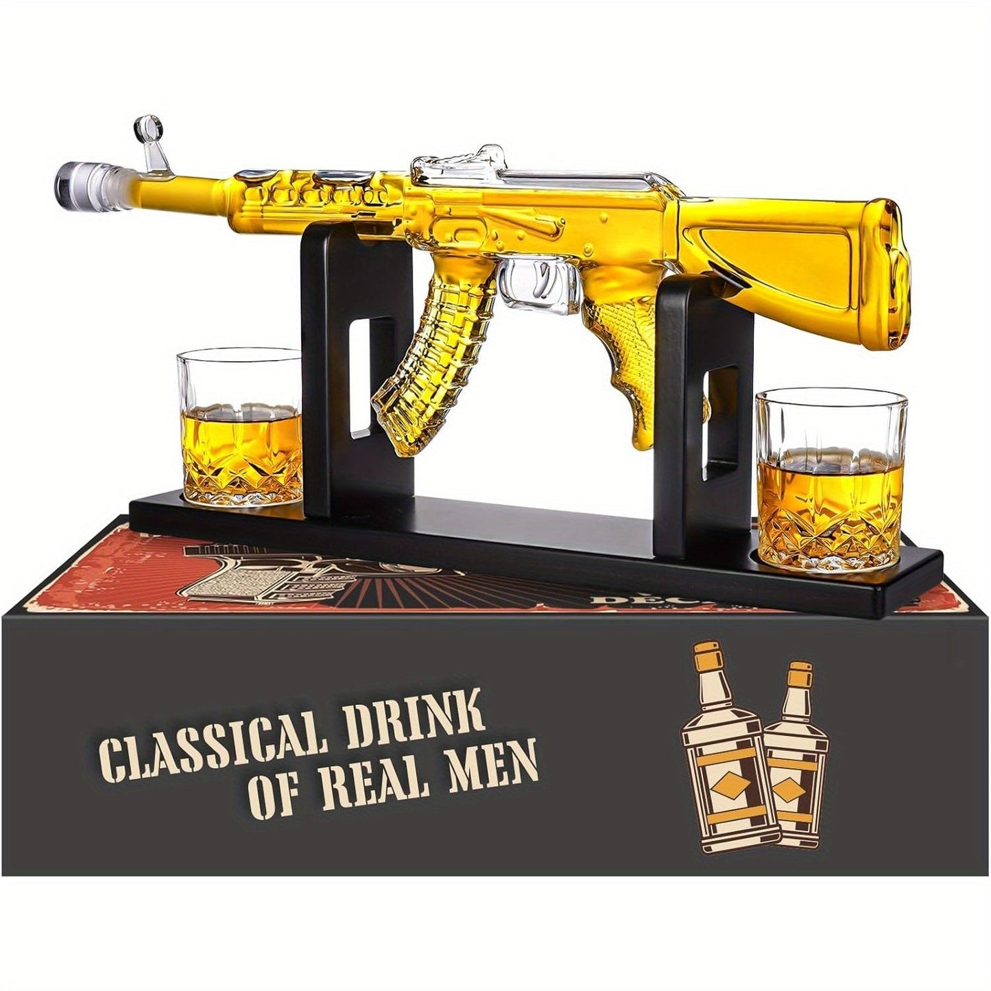 Gun Whiskey Decanter Set with Glasses Military Themed Liquor Dispenser AK47 M1911 Revolver for Entryways, Bedrooms and Living Spaces