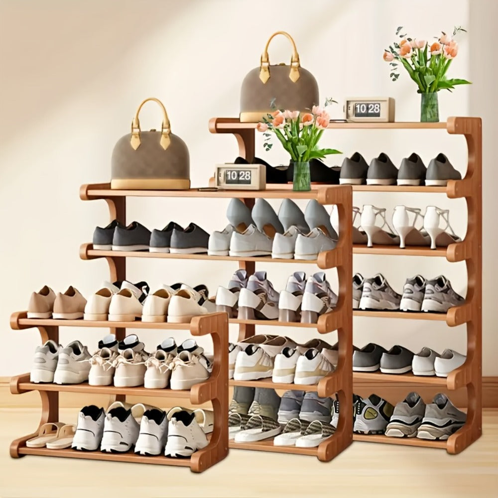 Shoe Rack Wood-Grain Freestanding Organizer with 3-Tier, 5-Tier or 6-Tier Brown Height Options
