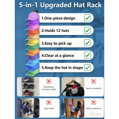 Hat Organizer Wall Mounted 2-Pack, 24-Cap Storage Hooks, Adhesive or Drill Install, Closet Entryway Bedroom Hat Rack