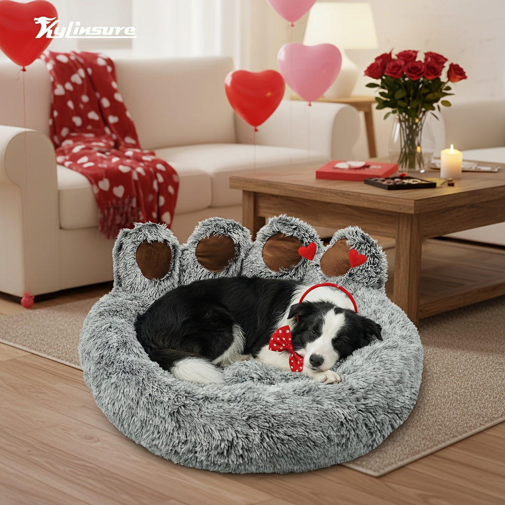 Dog Bed Cat Bed Bear Paw Shaped Donut – Calming Round Plush Pet Mattress, Warm & Soft Cuddler Bed for Dogs and Cats, Includes Pet Scarf