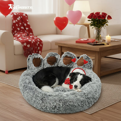 Dog Bed Cat Bed Bear Paw Shaped Donut – Calming Round Plush Pet Mattress, Warm & Soft Cuddler Bed for Dogs and Cats, Includes Pet Scarf