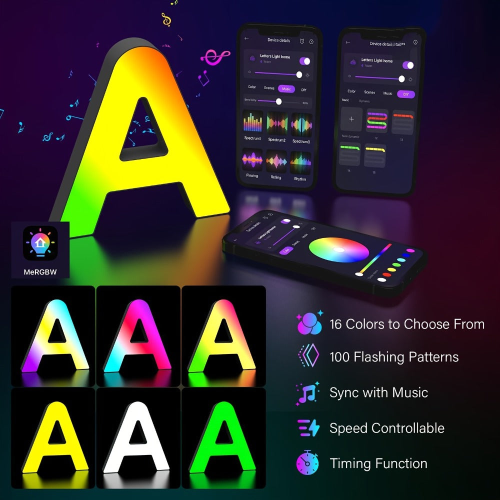 LED Letter Lights Music Sync – Colorful Flashing Marquee Alphabet Lights for Room Decor, Party, Bedroom, Festival & Camping