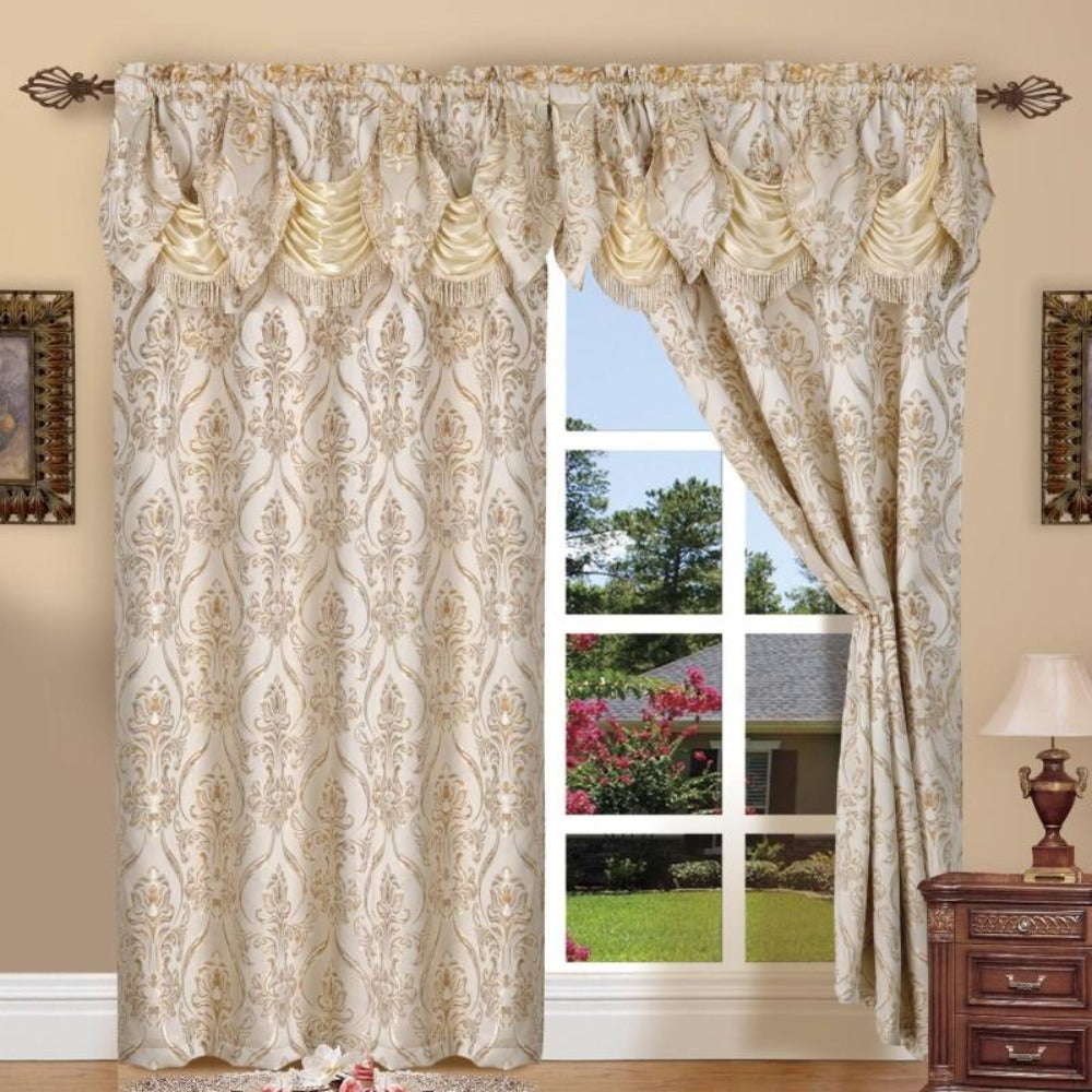 Jacquard Curtain Panels 2-Piece Set 54x84 Inch with Attached Waterfall Valance - Rod Pocket Room Darkening Luxury Window Curtains