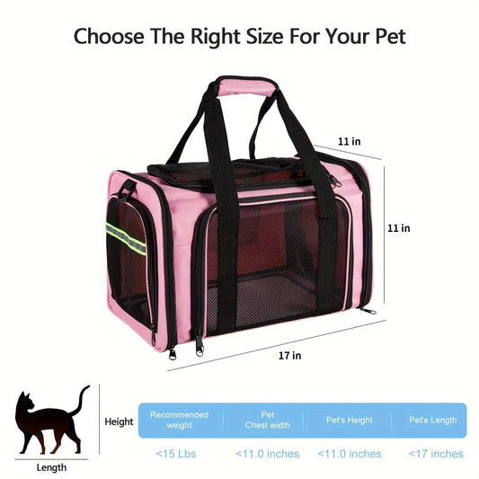 Compact Soft-Sided Pet Carrier with Mesh Panels, Shoulder Strap and Four Pink, Black or Grey Options