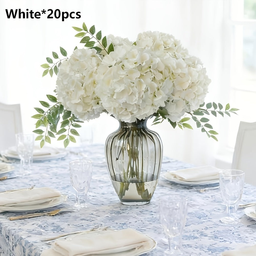Artificial Hydrangea Flower Stems, 20-Piece 16-Inch Silk-Labeled Set in Blue or White with Green Stems