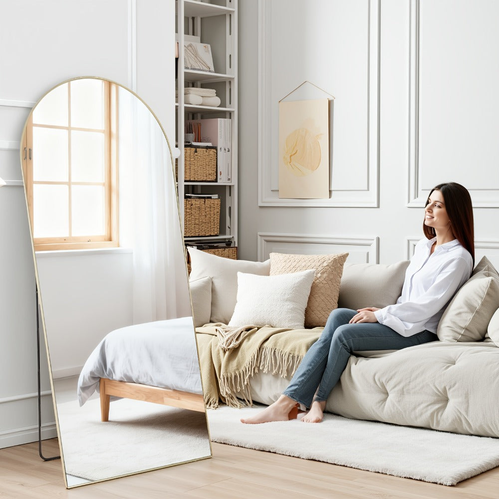 Full Length Mirror Floor Standing, Arched & Rect Body Mirror with Stand, Hanging or Leaning Wall Mirror, Aluminum Alloy Thin Frame