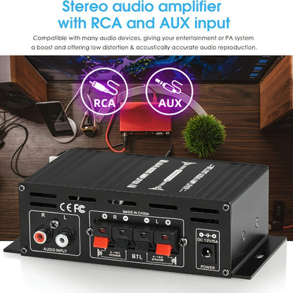 600W Mini HiFi Stereo Power Amplifier, Dual-Channel Class AB Compact Audio Amp, 2.0 Channel, RCA & AUX Input