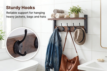 Vintage Wall-Mounted Shelf and Key Rack with Five Hooks, 17.1-Inch Width and Brown Board Finish