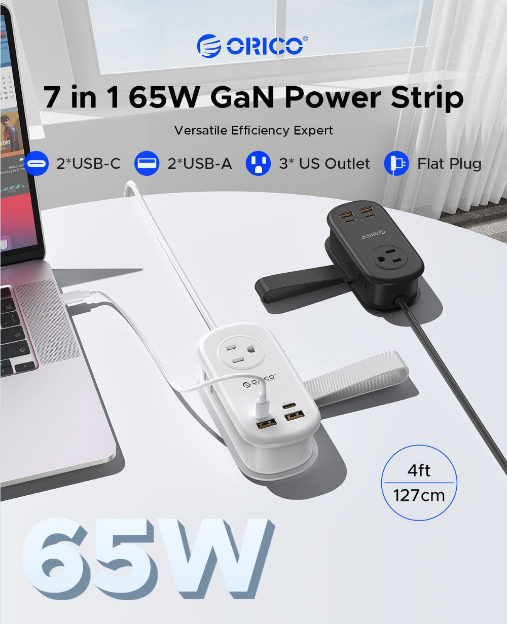 GaN 65W Portable Power Strip Fast Charging - 3 AC Outlets, 2 USB-C & 2 USB-A Ports, Flat Plug, 50-inch Cable