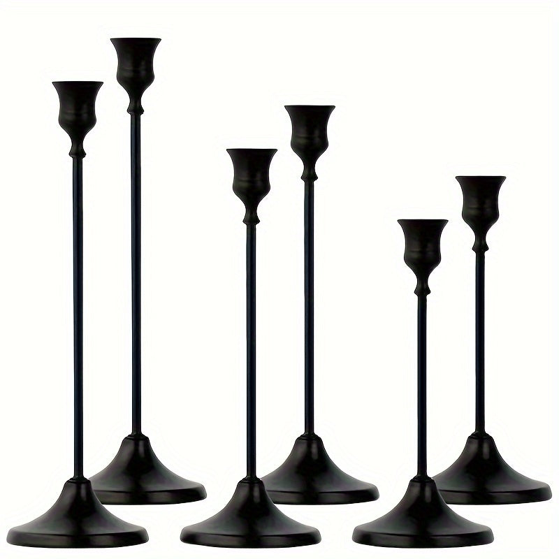 Candle Holder Set 6-Piece Bell-Shaped Metal Taper Stands in Brass or Matte Black with Three Graduated Heights