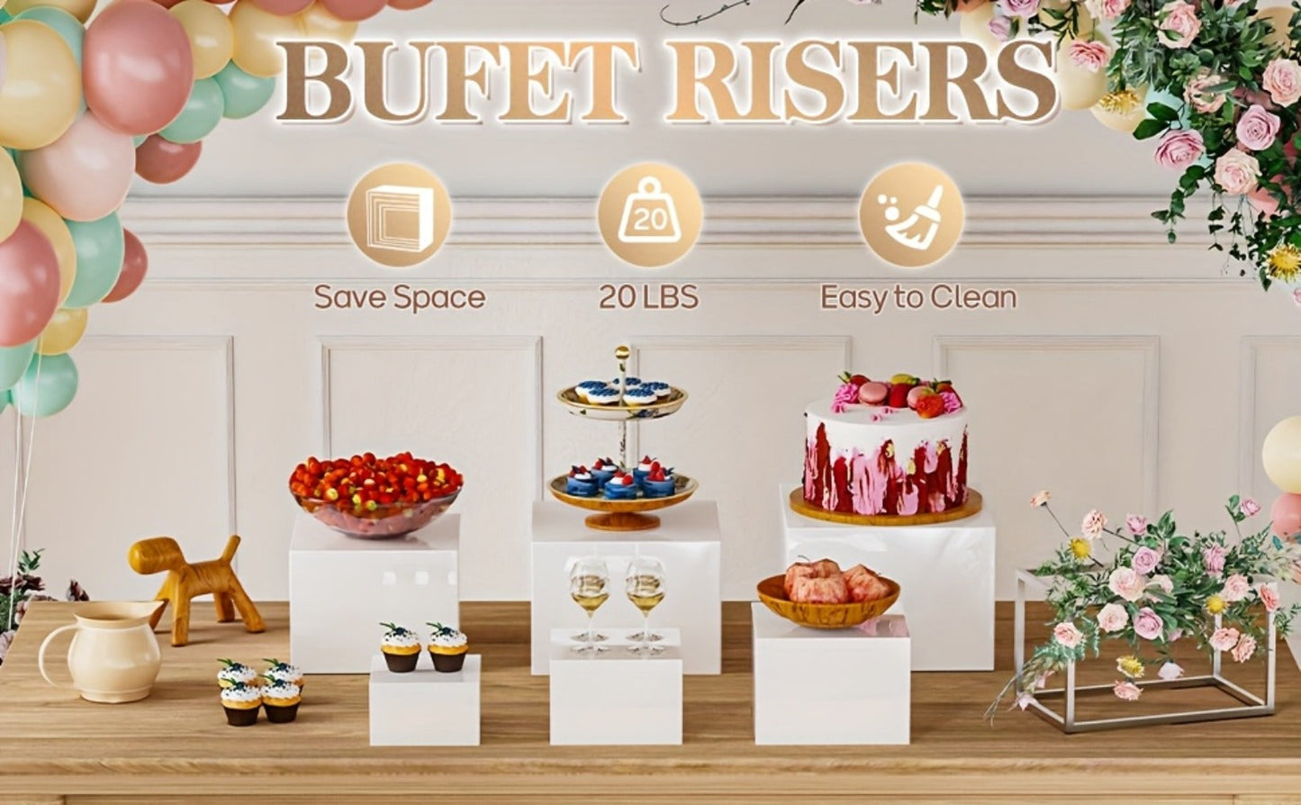 Buffet Risers Display Stand 6pcs - White Acrylic Food Risers for Buffet Table Party Catering for Entryways, Bedrooms and Living Spaces