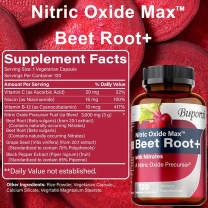 Dietary Supplement Beet Root Capsules with listed Nitrates, Black Pepper and Antioxidants, 120 Count