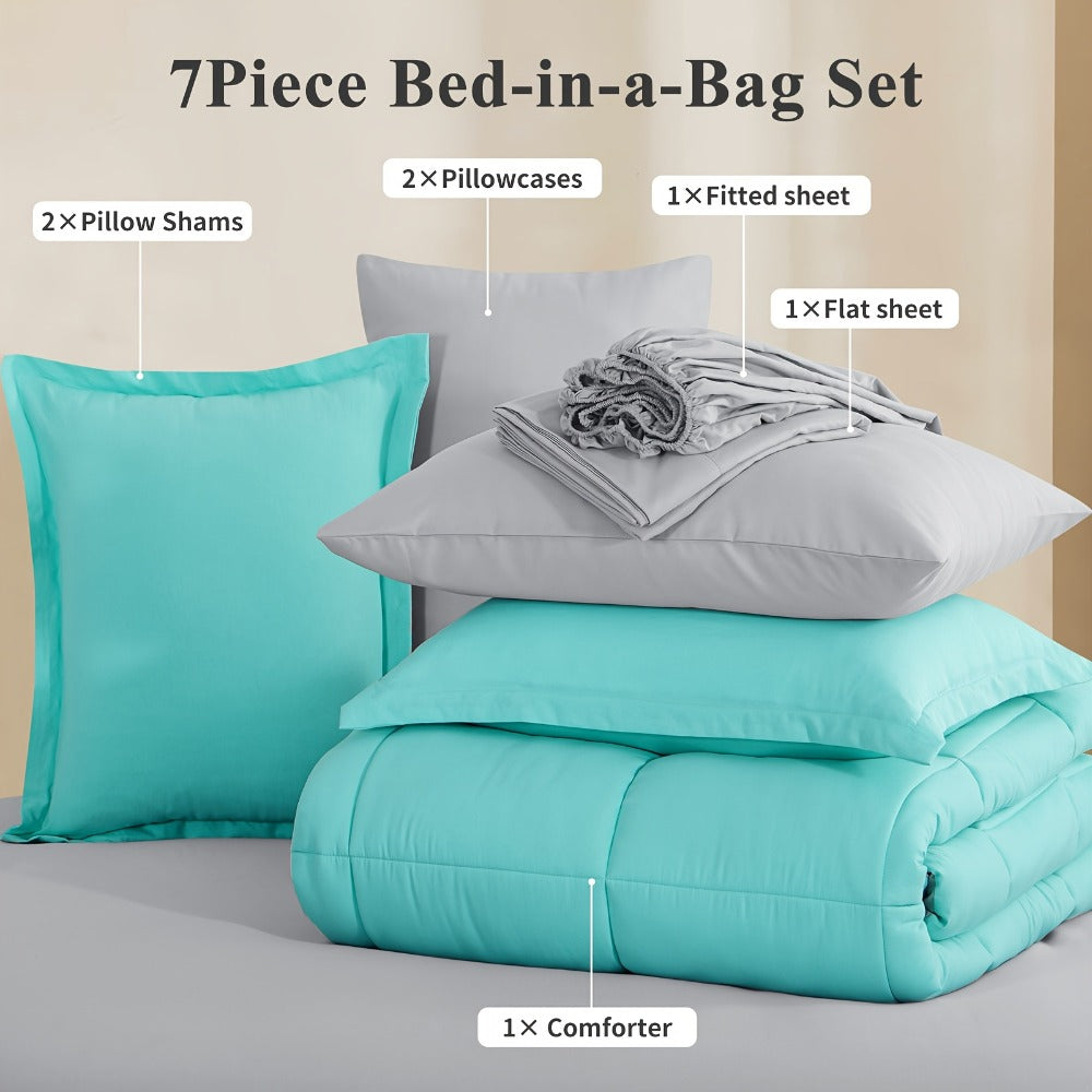 7 Piece Comforter Set Luxury Soft Fluffy Bedding All Season Bed in a Bag with Comforter Fitted Sheet Flat Sheet Pillowcases Hypoallergenic