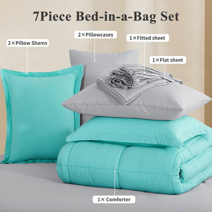 7 Piece Comforter Set Luxury Soft Fluffy Bedding All Season Bed in a Bag with Comforter Fitted Sheet Flat Sheet Pillowcases Hypoallergenic