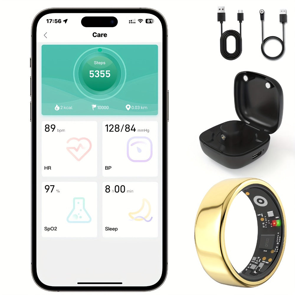 Smart Ring Fitness Tracker with Charging Case – Sleep Tracker Step Counter Distance Monitor for Women & Men | Sizes 7-13 | Black Silver Gold
