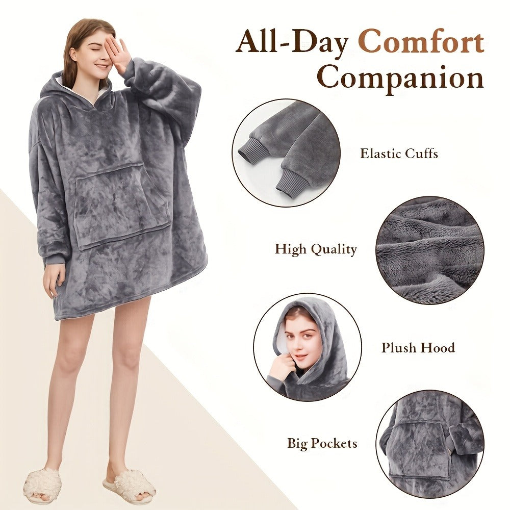 Reversible Hooded Wearable Blanket – Double-Sided Coral Fleece Suede Hoodie with Kangaroo Pocket, Machine Washable, 6 Colors