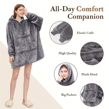 Reversible Hooded Wearable Blanket – Double-Sided Coral Fleece Suede Hoodie with Kangaroo Pocket, Machine Washable, 6 Colors