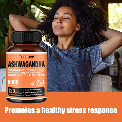 Ashwagandha Capsules 7-in-1 Adaptogen Blend 120ct with Maca Root Rhodiola Rosea Ginseng for Bath Time, Home Spa and Personal Care