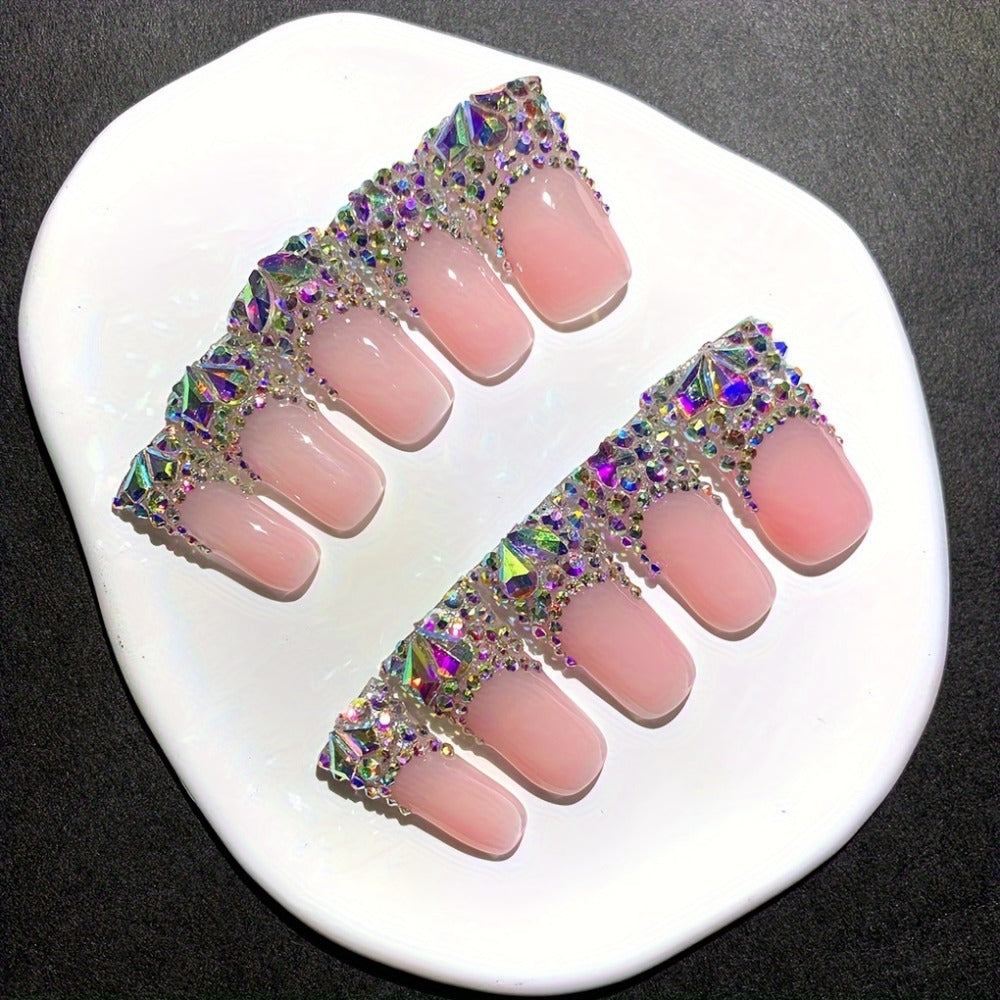 Press On Nails 10-Piece Long Duckbill Set with Nude French Tips, AB Diamond Finish and Nail Tools
