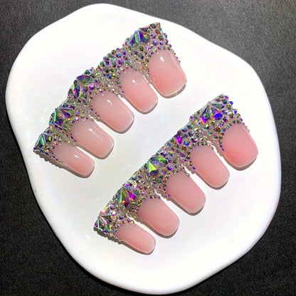 Press On Nails 10-Piece Long Duckbill Set with Nude French Tips, AB Diamond Finish and Nail Tools