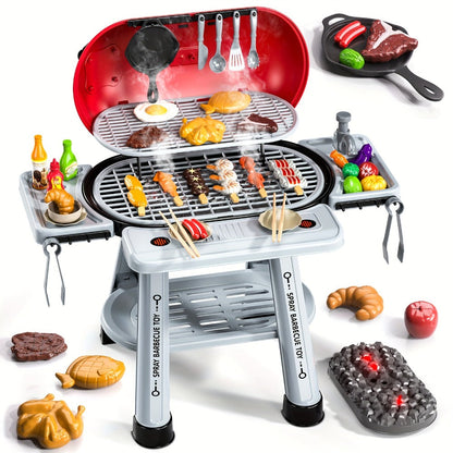 Kids BBQ Grill Playset Two-Tier with Toy Food Meats Fruits Spices & Working Water Tap for Grilling, Camping and Outdoor Meals