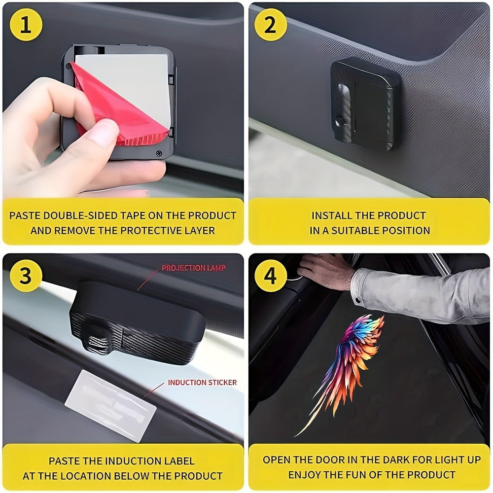 Four-Piece Angel-Wing Car Door LED Projector Light Set with Battery Power and Light-Sensing Activation