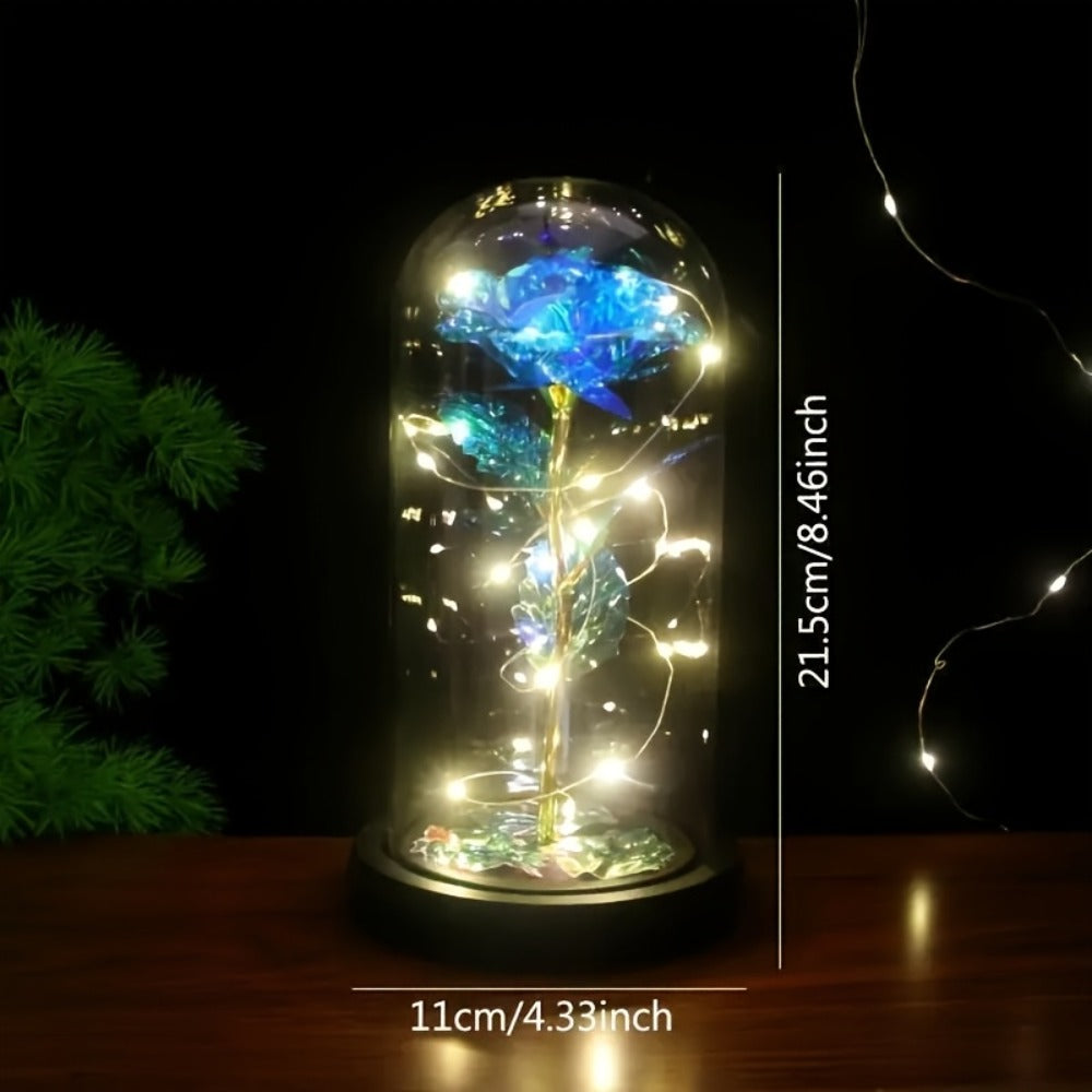 LED Rose Flower in Glass Dome, Eternal Foil Rose with LED Light, Romantic Valentine's Day Gift for Girlfriend