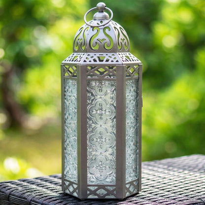 Moroccan Candle Lantern Holder - Decorative Metal & Glass Lantern with Embossed Floral Design for Indoor Home Decor