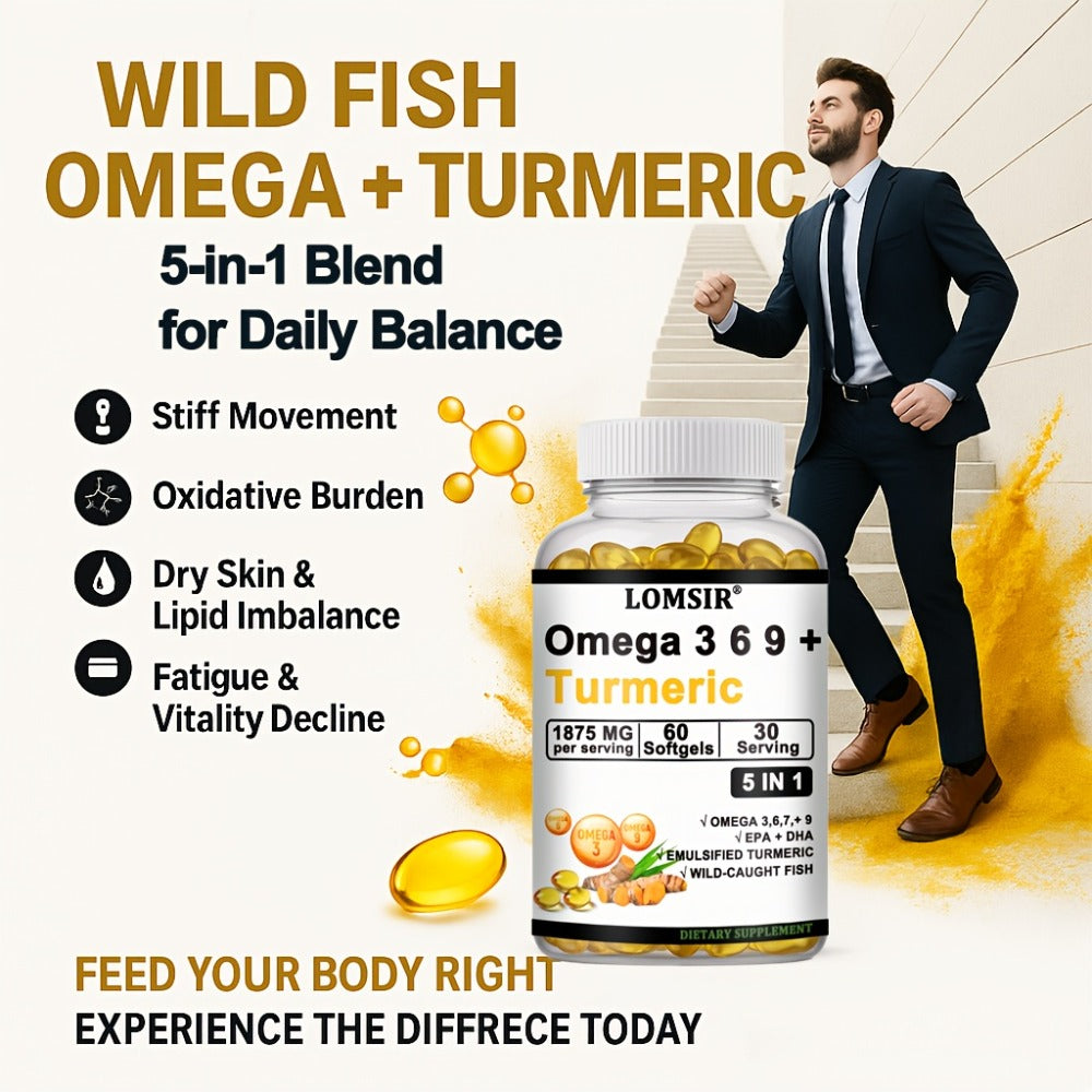 Omega 3-6-9 & Turmeric Softgels with DHA & EPA, Wild Fish Oil Blend, Emulsified Turmeric for Heart