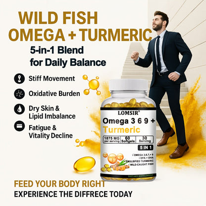 Omega 3-6-9 & Turmeric Softgels with DHA & EPA, Wild Fish Oil Blend, Emulsified Turmeric for Heart