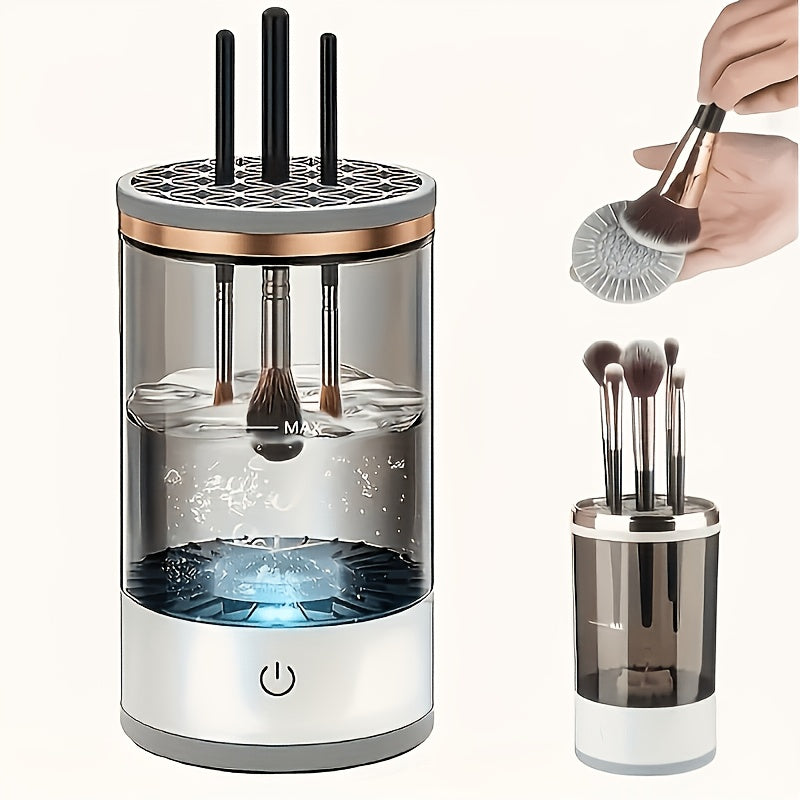 Electric Makeup Brush Cleaner & Dryer USB Powered Automatic Spinner Fast Drying Odorless Transparent Design Dual-Section Brush Holder Beauty