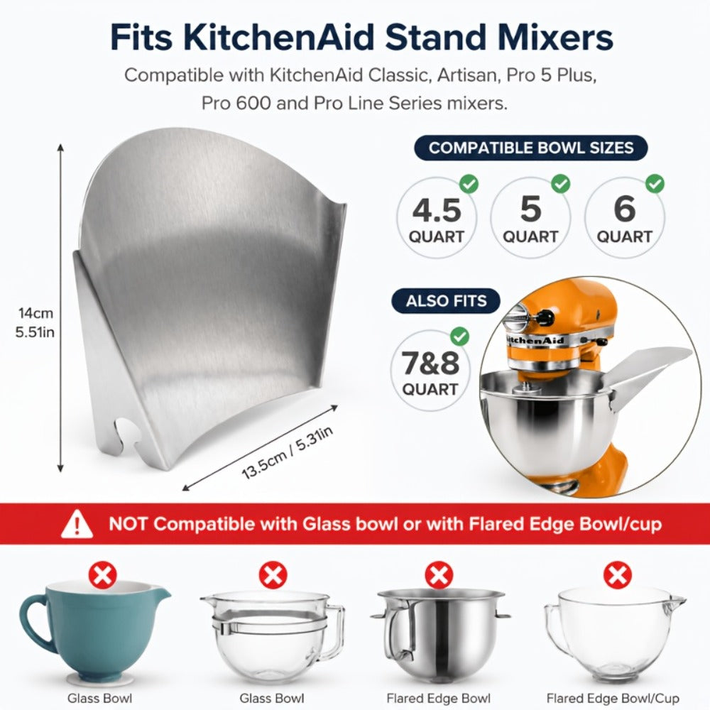 KitchenAid Pouring Chute Stainless Steel Stand Mixer Attachment – Universal Funnel Shield for Tilt-Head & Bowl-Lift 4.5-8 Qt