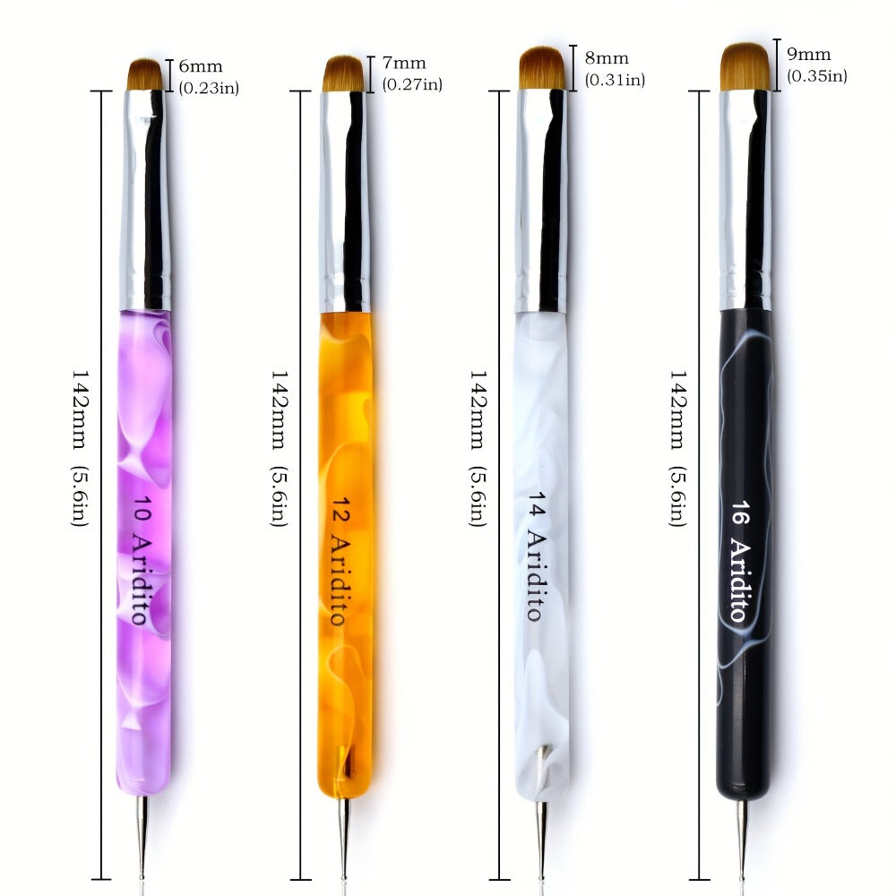 Nail Art Brush Set 4pcs Fine Tip Detail Brushes with Dotting Tool – Nylon Bristle Precision Manicure Brushes #10 #12 #14 #16 for Gel Acrylic