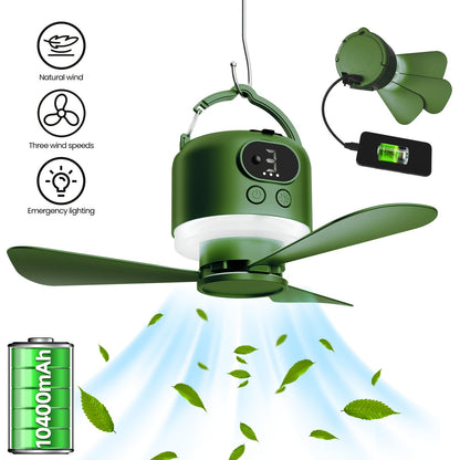 10400mAh Hanging Camping Fan with Remote Control, Three Wind Speeds, LED Light and White or Green Color Options
