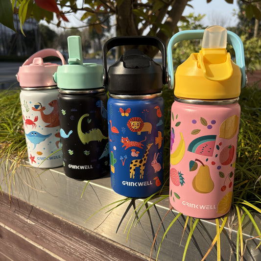 Insulated Stainless Steel Water Cup with Straw | 12oz 340ml, 3D Cartoon Pattern, Double Wall, Handle & Straw Brush – Travel