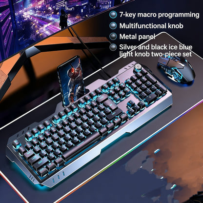 Gaming Keyboard Wired 104 Keys Full Metal Panel – LED Color Backlight, Multimedia Knob, Faux Mechanical Feel, USB