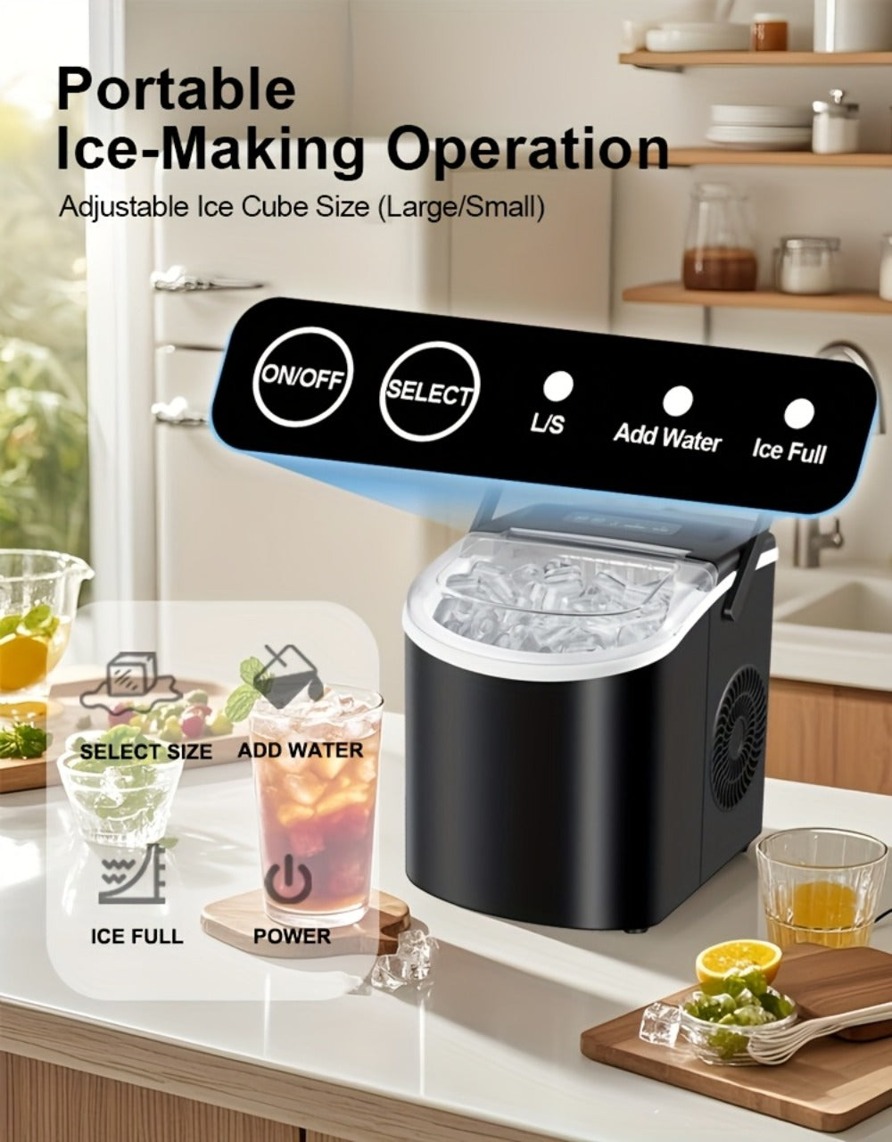 Ice Maker with Basket & Scoop, /Day Countertop Bullet Ice Machine, 9 Cubes in 6 Mins, Self-Cleaning