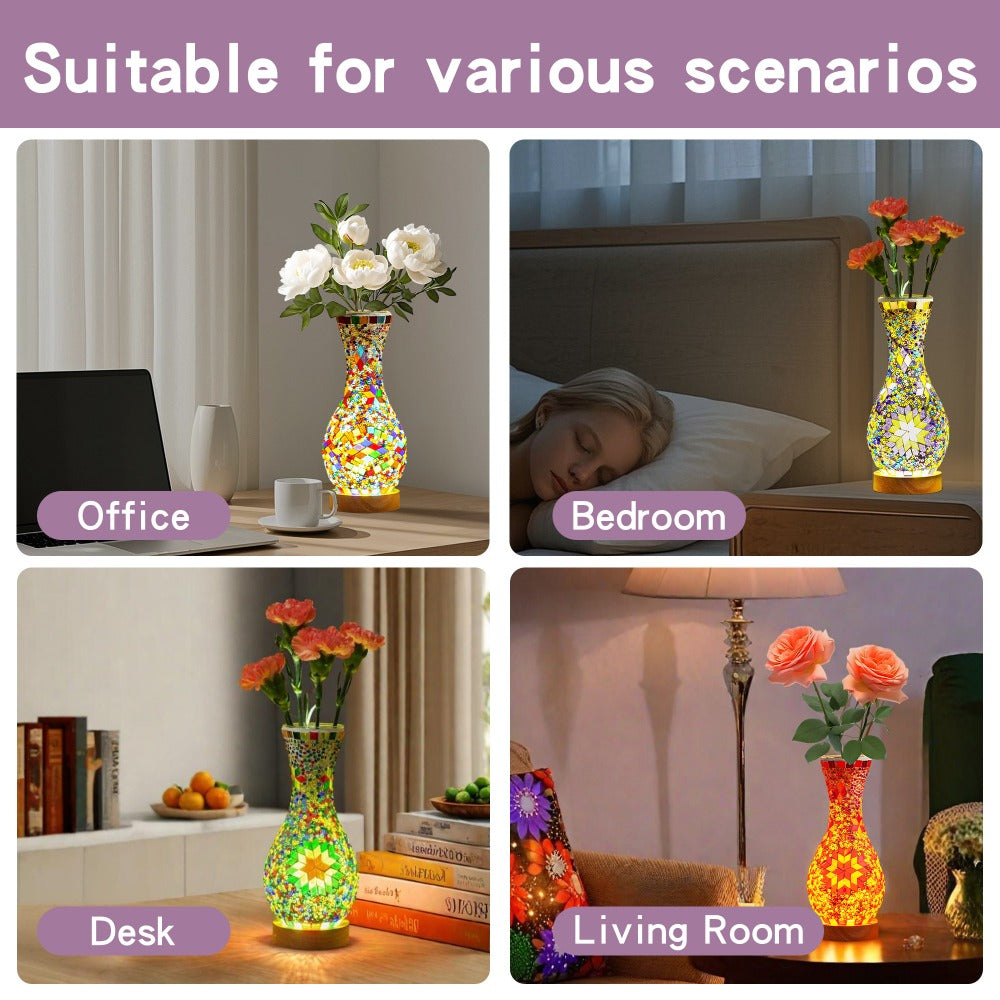 Mosaic Vase Lamp Turkish Moroccan Handmade Colorful Glass Table Lamp with Wooden Base, USB Plug-In Boho Night Light