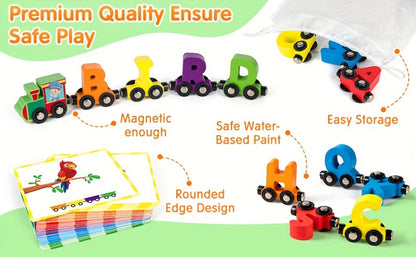 Magnetic Wooden Alphabet Train Set 27PCS ABC Letter Learning Toy with 42 Double-Sided Flash Cards