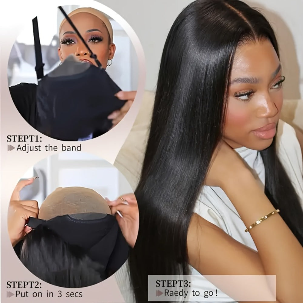Put On and Go Wig 6x4.5 HD Lace Human Hair Straight 250% Density Glueless Pre-Plucked Pre-Cut Pre-Bleached Knots Long Straight Wig for Women