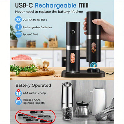 Electric Salt and Pepper Grinder Set 2-Pack Rechargeable with Charging Base & White Light - One-Hand Operation