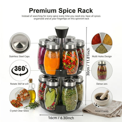 Glass Spice Jar Set with Rotating Rack, Airtight Kitchen Spice Organizer with 360° Stainless Steel Stand