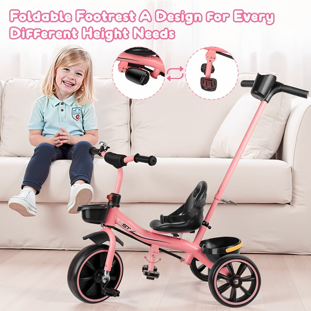 Push Handle Tricycle for Toddlers Girls Pink, 3 Wheel Trike Ages 18-60 Months with Padded Backrest