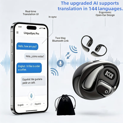 144-Language AI Real-Time Translation Earbuds, Two-Way Interpreter Earphones USB & Battery Rechargeable with Carrying Pouch