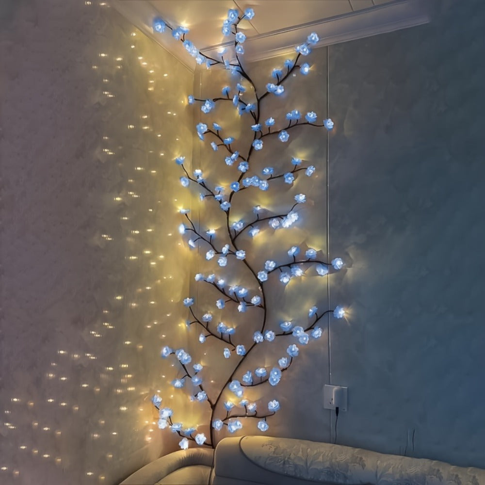 Cherry Blossom LED Fairy Lights USB Powered, 96-Light Faux Floral Garland, Dimmable & Cool White