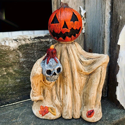 Halloween Pumpkin Wizard Resin Figurine 2-Pack, Spooky Desktop Ornament & Bookshelf Decor for Entryways, Bedrooms and Living Spaces